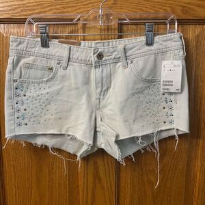 H&M &Denim Light Wash Jean Shorts Size 8 Gemstones Sparkles Fringe Cut Off NWT